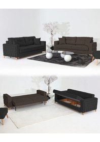 Resim Nola Koltuk Takımı 3+3 & Bazalı Yataklı Koltuk & Kanepe - Keten Antrasit-kahve 