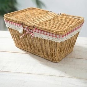 Resim Digithome Kapaklı Rattan Vintage Dantelli Dikdörtgen Piknik Sepeti -9T14 U/6 