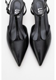 Resim Luvishoes Luvi Shoes Asher Siyah Cilt Sivri Burun Arkası Açık Kadın Kısa Topuklu Ayakkabı Siyah 