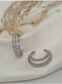 Resim İkili Yarım Halka Model Zirkon Taşlı Antialerjik Vip Halka Silver Renk Küpe Antialerjik Silver 