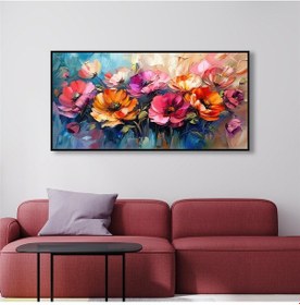 Resim Yağlı Boya Dokulu Tablo Modern Renkli Yatay Çiçekler Siyah Çerçeveli U02044-178897 