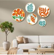 Resim Yuvarlak Ahşap Turuncu Yeşil Çiçek Ve Bitkiler Tablo Seti 