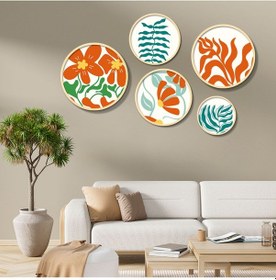 Resim Yuvarlak Ahşap Turuncu Yeşil Çiçek Ve Bitkiler Tablo Seti 