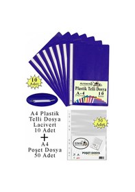 Resim Telli Dosya Plastik A4 10 Lu Ve Poşet Dosya 50 Li 1 Paket Ekonomik Kaliteli Şeffaf Kapak Telli Dosya Okul Büro Ofis Lacivert 
