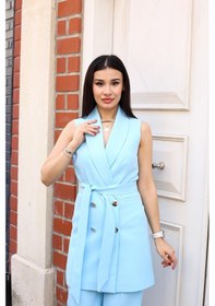 Resim Gold Düğme Kuşaklı Yelek Takım Bebe Mavisi 