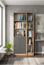 Resim YETİ MOBİLYA Flat85 Kitaplık 2 Kapaklı Kütüphane Çok Amaçlı Dolap Çam Antrasit 