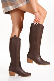 Resim ÜNAL ÖZER Kadın Kahve Cilt Western Nakışlı Sivri Burunlu Günlük Çizme Un001-0218 