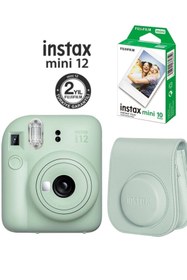 Resim Fujifilm Instax Mini 12 Yeşil Fotoğraf Makinesi 10'lu Film ve Deri Çantalı Seti 