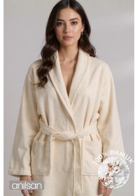 Resim %100 Pamuk Unisex Krem Bornoz - Şalyaka Otel Bornozu, Spa Için Ideal, Günlük Kullanıma Uygun Krem 