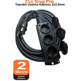 Resim Siyah Kapaklı Grup Priz Topraklı 3'lü Seyyar Ara Uzatma Kablosu Ttr 2x2,5 Mm Kablo 2 M 2 m 