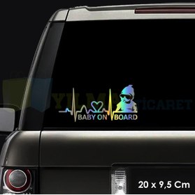Resim yılmazetic Arabada Bebek Var Kalp Ritim Renkli Hologram Cam Oto Sticker Etiket Çıkartma Yapıştırma 20 X 9,5 Cm 