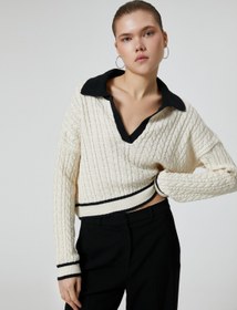 Resim Polo Yaka Triko Kazak Renk Kontrastlı Örgü Desenli 