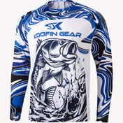Resim Koofin Gear Yüksek Performanslı Raglan Balıkçılık Gömleği - Erkekler için Yumuşak, Nefes Alabilen Polyester, Mavi Sıvı Kamuflaj Desenli, Yuvarlak Yaka, Tüm Sezonlar için Ultra Rahat Kalıp, Balıkçılık Ekipmanı 