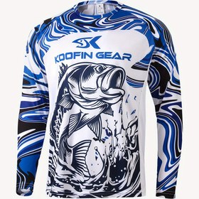 Resim Koofin Gear Yüksek Performanslı Raglan Balıkçılık Gömleği - Erkekler için Yumuşak, Nefes Alabilen Polyester, Mavi Sıvı Kamuflaj Desenli, Yuvarlak Yaka, Tüm Sezonlar için Ultra Rahat Kalıp, Balıkçılık Ekipmanı 