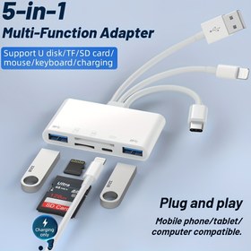 Resim Çoklu Cihaz Bellek Kart Okuyucu, 5'si 1 Arada USB OTG Adaptörü, Micro SD ve SD Kart Yuvaları ile, SD / Micro SD / SDHC / SDXC / MMC iPhone / iPad, USB C ve USB A Cihazlarını Destekler 
