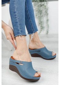 Resim Hakiki Deri Dolgu Topuk Kadın Terlik 