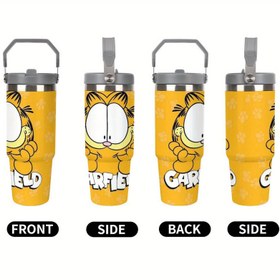 Resim Garfield Tasarımlı 1 Adet 30oz Paslanmaz Çelik Termos Bardak, Sıcak ve Soğuk İçecekler için Vakumlu Yalıtımlı Su Şişesi, Dış Maceralar için Dayanıklı Seyahat Kupası, Yaz & Kış İçecekleri, Açık Hava Hidrasyon | Karakter Temalı Termos Bardak | Dayanıklı İçecek Ekipmanı 
