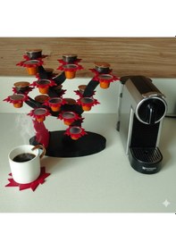 Resim Akçaağaç Dekoratif Kahve Kapsül Standı Ve 2 Adet Bardak Altlığı-çift Taraflı Kullanım-37 Mm Ve 46 Mm Kapsül Uyumlu-mavi Kırmızı 