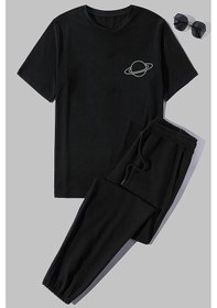 Resim Evren Temalı Baskılı 2'li Eşofman Takımı Siyah 