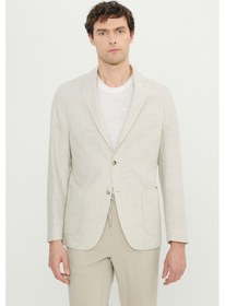 Resim AC&Co / Altınyıldız Classics Erkek Bej Keten Slim Fit Dar Kesim Kırlangıç Yaka Torba Cepli Çizgili Blazer Ceket Bej 