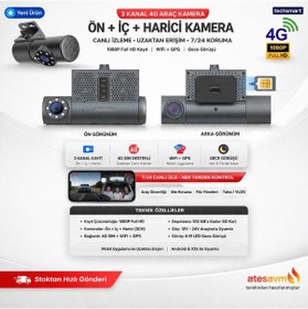 Resim Techsmart 3 Kanal 4g Araç Kamera Ön + İç + Harici Kamera 1080p Full Hd, Wifi, Gps, Gece Görüşlü Dvr 