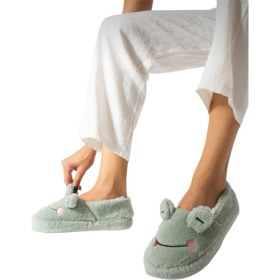 Resim Liger Kışlık Kadın Panduf Ev Ayakkabısı | Kurbağa Figürlü | Kaydırmaz Taban Yeşil 