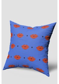 Resim Mavi Kırmızı Dudak Desenli Kırlent Kılıfı Mavi 