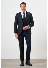 Resim Morven Erkek Lacivert Poliviskon Basic Yelekli Jakar Desen Slim Fit Sivri Yaka Takım Elbise Lacivert 