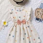 Resim Sevimli Kızlar için Renkli Kalp Baskılı, Fırfırlı Detaylı & Fiyonklu Kolsuz Yazlık Elbise - Diz Boyu, Polyester Karışımı, Partiler & Plaj Gezileri için Mükemmel, Plaj Elbisesi 
