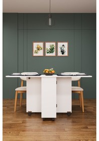 Resim Asra Trend KM-12 %100 MDF 155x70 cm Katlanır Akıllı Mutfak Masası Tekerlekli Servis Masası Beyaz 