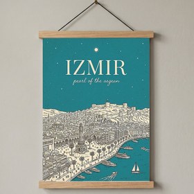 Resim İzmir Line Art Print - Teal Clock Tower Kadifekale Aegean Coast Wall Art - With Hanger - Wood / 8,3 x 11,7" (21x30) 