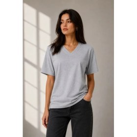 Resim Passense V Yaka Basic Tişört Kısa Kol Yazlık Regular Fit T-Shirt - Gri 