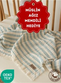 Resim ZEYPBA Mavi Çizgili 4Kat Müslin Püsküllü 4 Katlı Müslin 110x110cm 