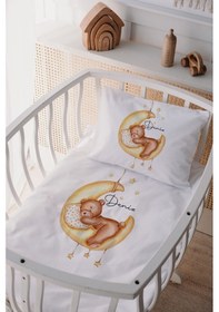 Resim %100 Pamuk Saten Isme Özel Isimli Anne Yanı Beşik Nevresim Takımı Ayıcık 6 