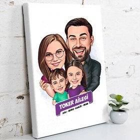 Resim Kız ve Erkek Çocuklu Aile Karikatürlü Kanvas Tablo 
