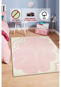 Resim Vl Çift Taraf Yıkanabilir Kaymaz Taban Bulut Temalı Mavi Dekoratif Çocuk Odası Halısı Pembe 