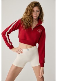 Resim Urban Beat Helena Kadın Dik Yakalı Fermuarlı Küçük Baskı Motifli Crop Kırmızı Sweatshirt Kırmızı 
