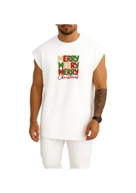 Resim Bahriyeli Collection Oversize Merry Merry Merry Christmas Yılbaşı Yeni Yıl Göğüs Baskılı Atlet Beyaz 