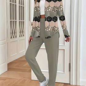 Resim Kadınlar için Soyut Baskılı İki Parça Takım, Günlük Uzun Kollu Bahar/Sonbahar Ceket ve Pantolon Seti 