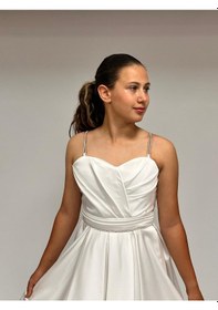 Resim Butikhappykids Kız Çocuk Abiye Krem Taş Kordon Askılı Kalp Yaka Mat Saten Kuyruklu Abiye Elbise 9-16 Yaş Krem 