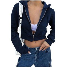 Resim Lacivert Kadın Crop Fermuarlı Kapüşonlu Sweatshirt Lacivert 