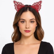 Resim Dantelli Kırmızı Kedi Tacı - Vintage Tarz Dantel Kedi Kulak 