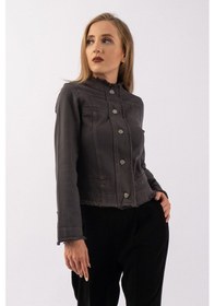 Resim Bold & Young Kadın Yağ Yeşili Power Strech Çıt Çıtlı Slim Fit Denim Ceket Antrasit 