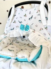 Resim 3lu Puset Ortusu/bebek Araba Ortusu - Puset Minderi - Puset Carsafi Beyaz Muslin Firfirli Kuslu 