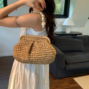 Resim Katı Renk Saman Dokuma Kumaş Plaj Seyahat Çok Yönlü Kadın Omuz Çantası, Moda ve Minimalist. 