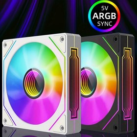 Resim 5V3Pin ARGB Işık Senkron Kasa Soğutma Fanı Ters Hava Akışı ile, PWM Sıcaklık Kontrollü Kasa Soğutma 12cm Sessiz Fan 
