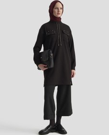 Resim Armine TREND Cep Kapağı Taş Detaylı Taşlı Bağcıklı Crep Tunik Siyah 25KT451 
