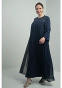 Resim Kadın Üstü Pullu Önü Boncuk Detaylı Astarlı Büyük Beden Uzun Şifon Elbise-40864 Lacivert 