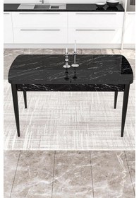 Resim Canisa Kor Serisi, Siyah Mermer Desen 70x114 Açılabilir Yemek Masası Takımı, 6 Sandalye Masa Siyah Mermer Desen Sandalye Bordo 