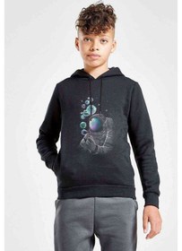 Resim Tshirthane Astronot Baloncuk Baskılı Unisex Çocuk Kapüşonlu Siyah Sweatshirt 